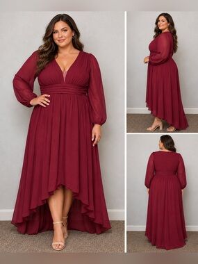 Ever Pretty Wine Red High-Low V-Neck Long Sleeve Dress